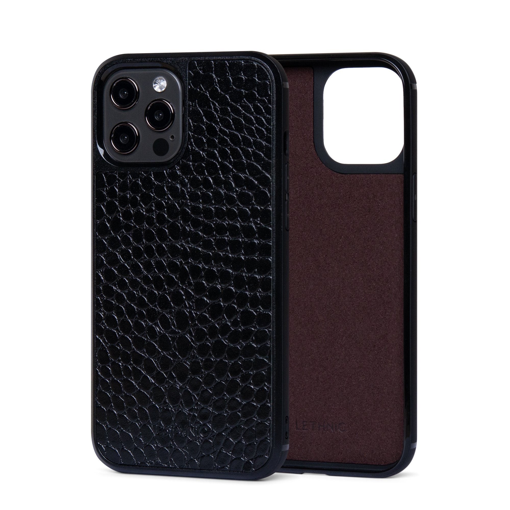 Ốp lưng IPhone 12 Pro Da Thật IPhone 12 lethnic Vân Cá Đen Có Lót Đệm
