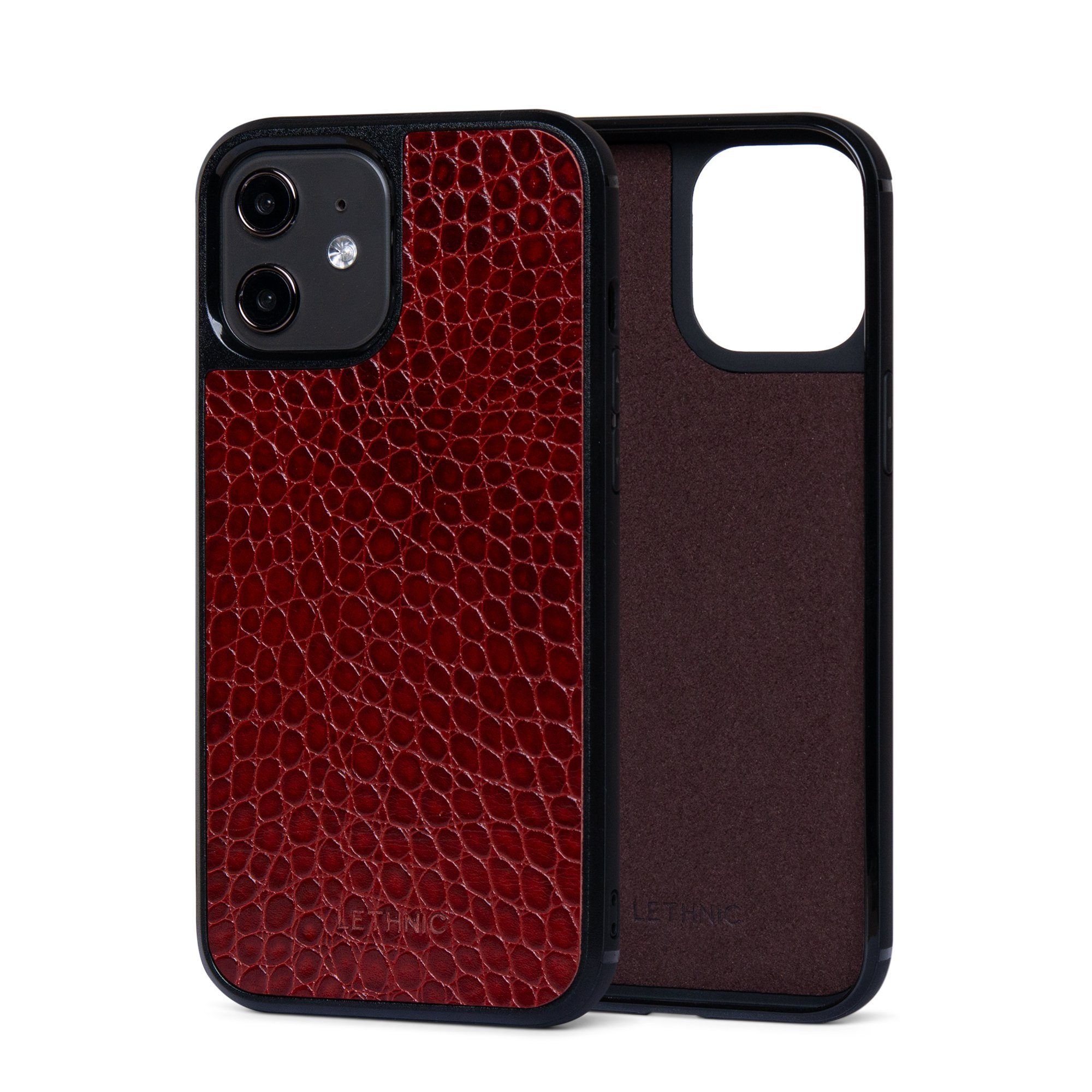 Ốp lưng IPhone 12 Da Thật IPhone 12 lethnic Vân Cá Đỏ Có Lót Đệm