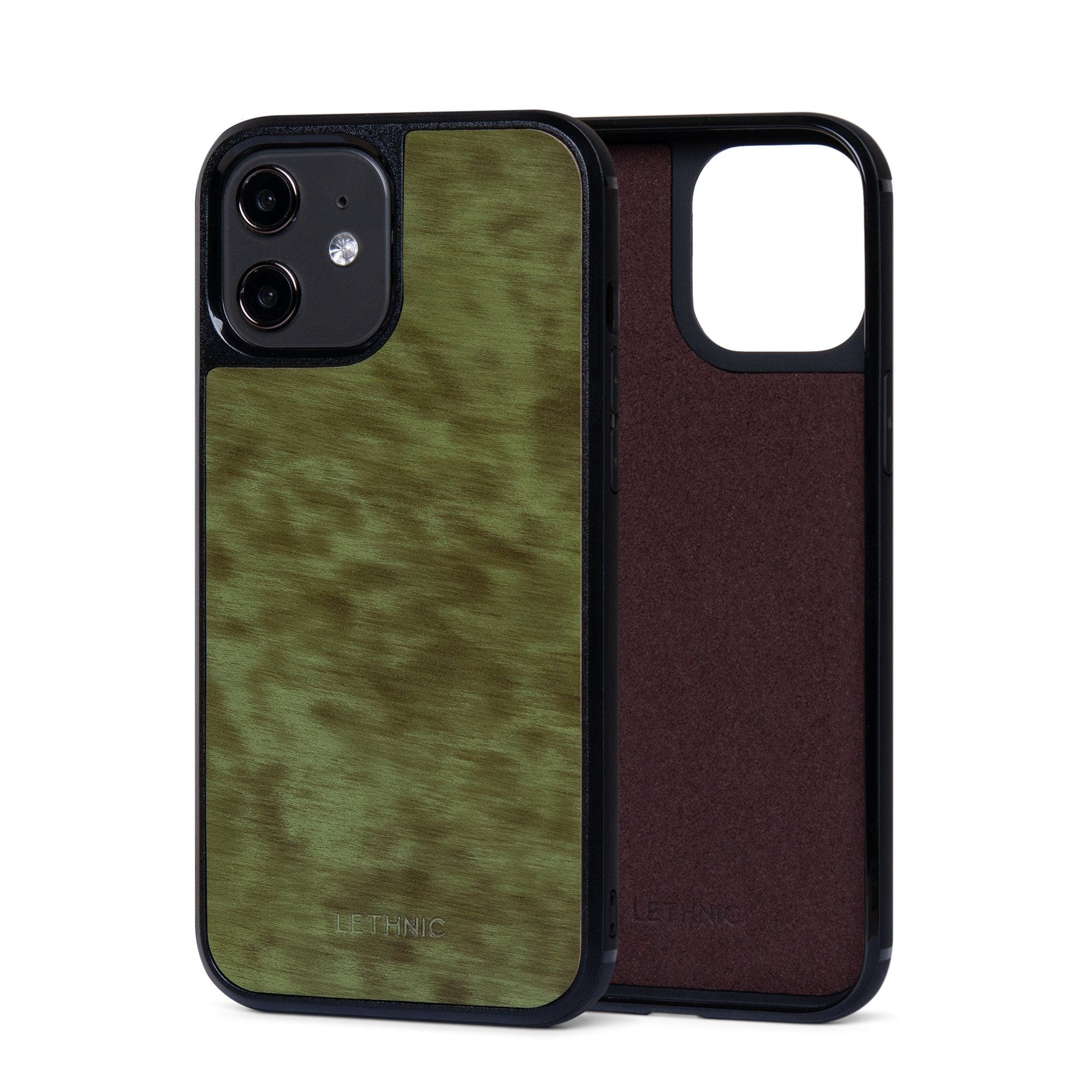 Ốp lưng IPhone 12 Da Thật IPhone 12 lethnic Cẩm Lai Xanh Có Lót Đệm