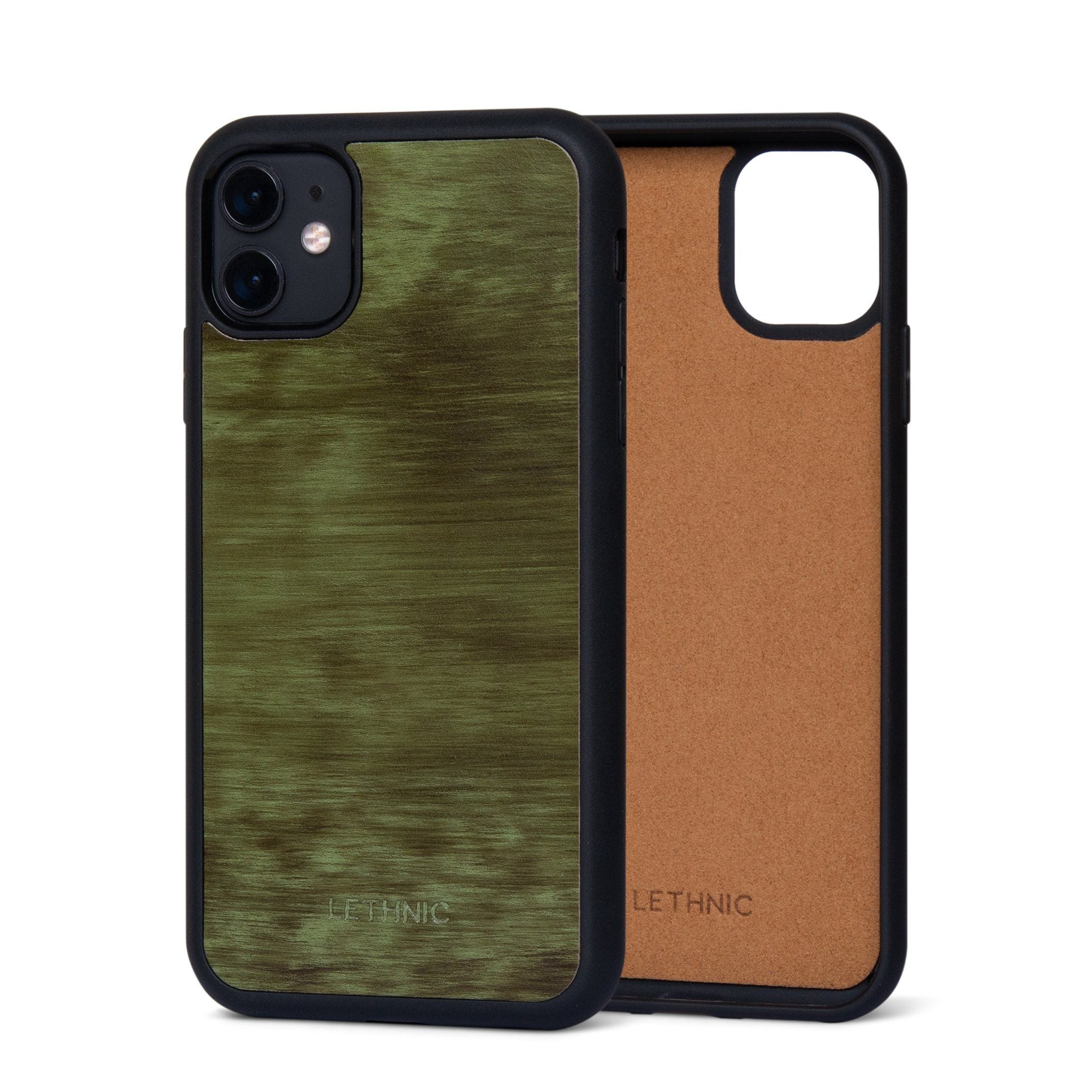 Ốp da thật IPhone 11 - Lót Trong lethnic Cẩm Lai Xanh Lá